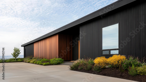 Sustainable warehouse with large skylights, maximizing natural light and integrating a green roof for energy savings and insulation