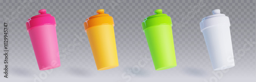 Protein cocktail shaker mockup. Realistic 3d vector illustration set of closed plastic bottle of different colors. Gym and fitness sport reusable container for drinking water during workout.