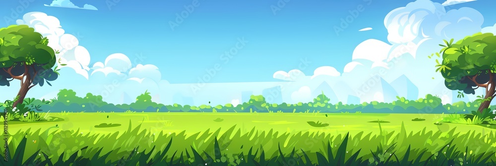 A cartoonish drawing of a grassy field with trees in the background. The sky is blue and there are clouds in the distance A cartoonish drawing of a grassy field with trees in the background. The sky is blue and there are clouds in the distance
