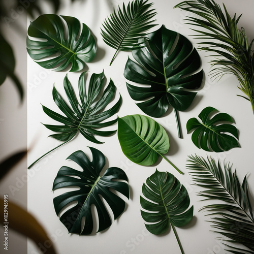 Photography of Lush Greenery Showcase of diverse green leaves, featuring large, glossy broad monstera leaves 