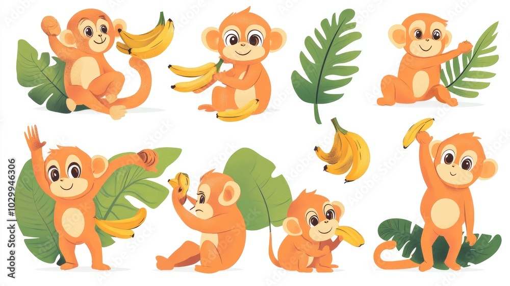 Obraz premium Cute monkey characters in various activities like eating bananas, hanging upside down, and more, in a colorful vector set.
