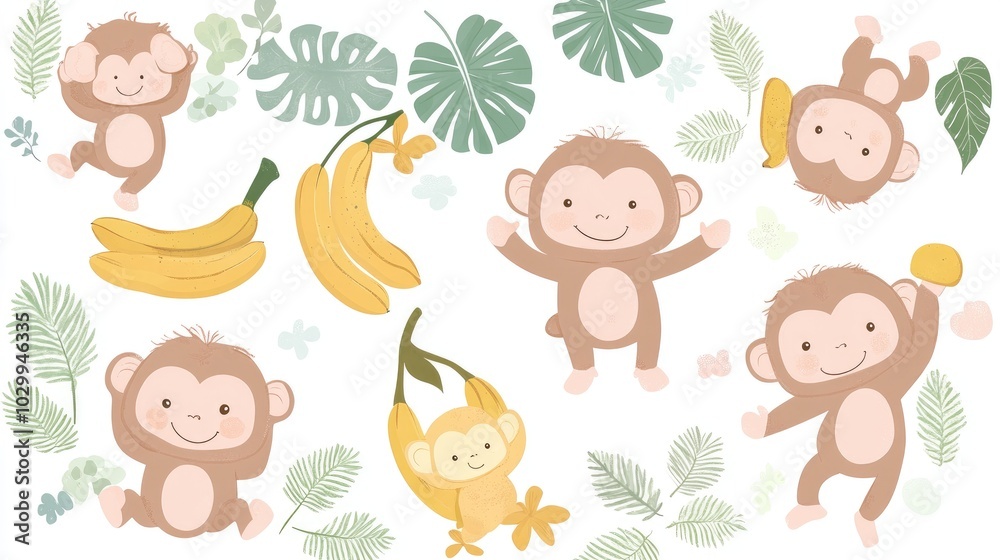 Cute monkey characters in various activities like eating bananas, hanging upside down, and more, in a colorful vector set. Cute monkey characters in various activities like eating bananas, hanging upside down, and more, in a colorful vector set.
