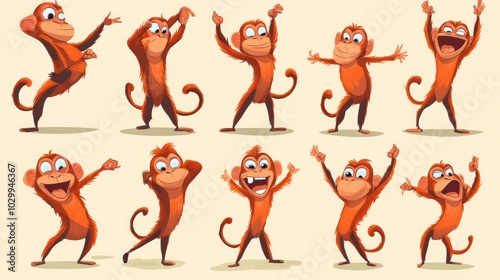 Collection of cartoon monkey illustrations, showing a variety of funny monkey poses, perfect for children themes in vector style. photo