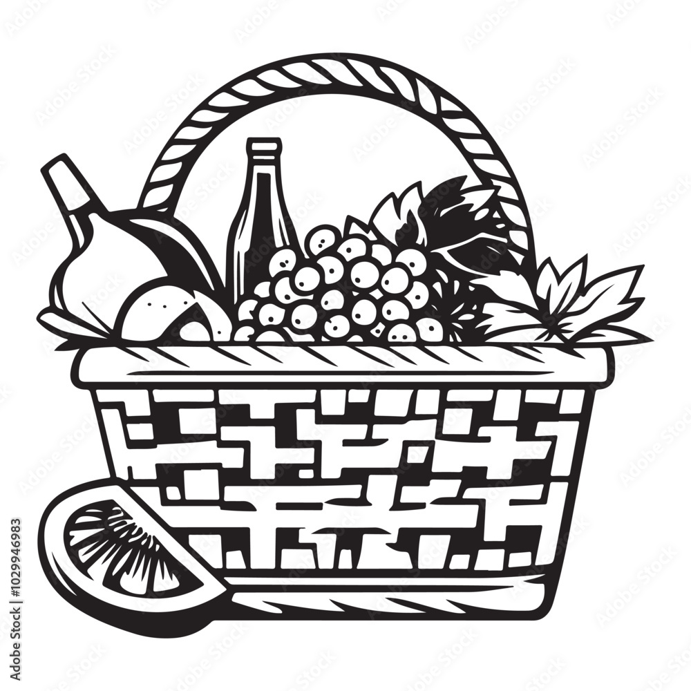 Fototapeta premium A basket filled with various fruits silhouette vector illustration on white background, Black and white coloring page food basket