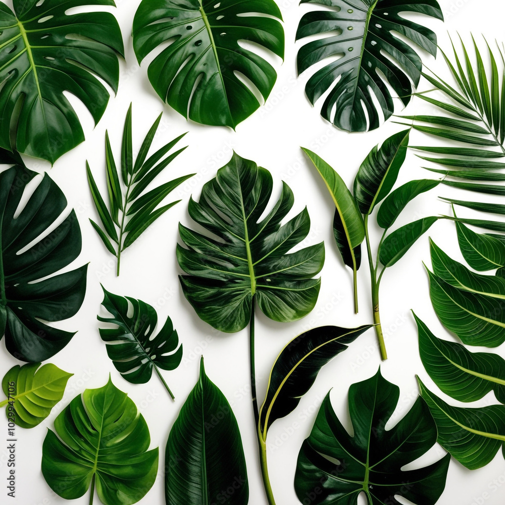 Photography of Lush Greenery Showcase of diverse green leaves, featuring large, glossy broad monstera leaves Photography of Lush Greenery Showcase of diverse green leaves, featuring large, glossy broad monstera leaves