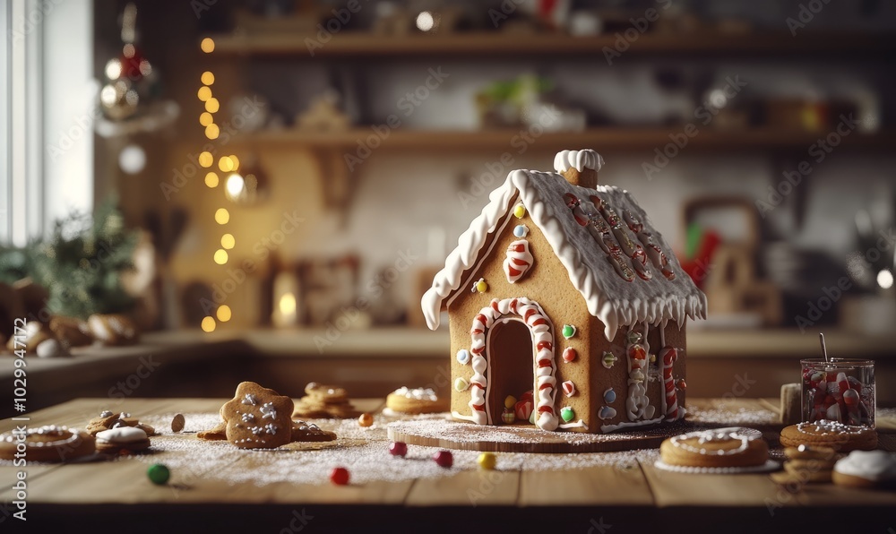 Assembling a gingerbread house on a kitchen table, with icing, candy decorations, and holiday cookies in the background Assembling a gingerbread house on a kitchen table, with icing, candy decorations, and holiday cookies in the background