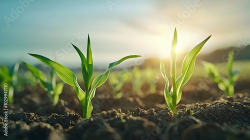 A tranquil cornfield with soft focus green sprouts emerging from the earth symbolizing the peace productivity and future abundance of sustainable farming