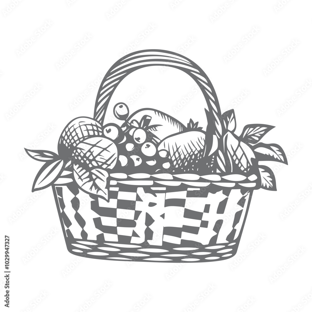 Fototapeta premium A basket filled with various fruits silhouette vector illustration on white background, Black and white coloring page food basket