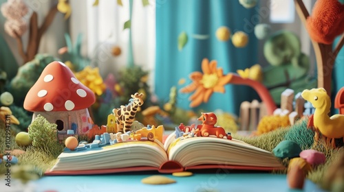 A colorful, whimsical scene of a book with 3D animals and flowers springing to life. photo