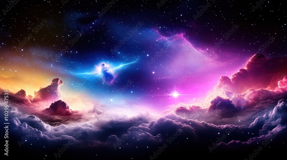 Distant galaxy stars twinkling brightly in a cosmic backdrop of nebulas and space clouds. Distant galaxy stars twinkling brightly in a cosmic backdrop of nebulas and space clouds.