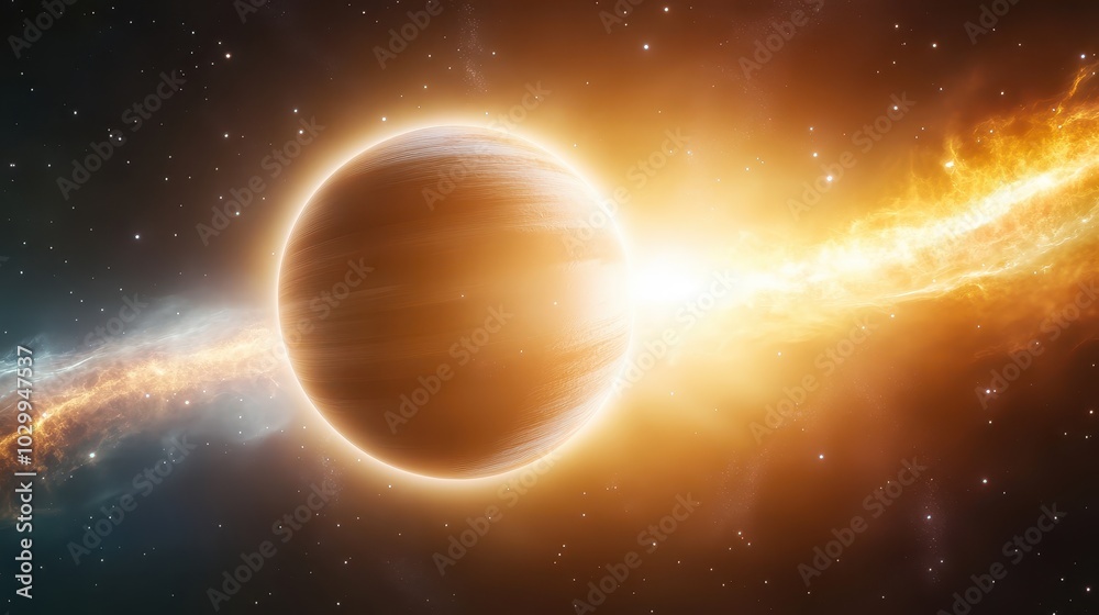 Naklejka premium Distant planet in a galaxy background with glowing stars and a swirling nebula, creating a surreal space scene.