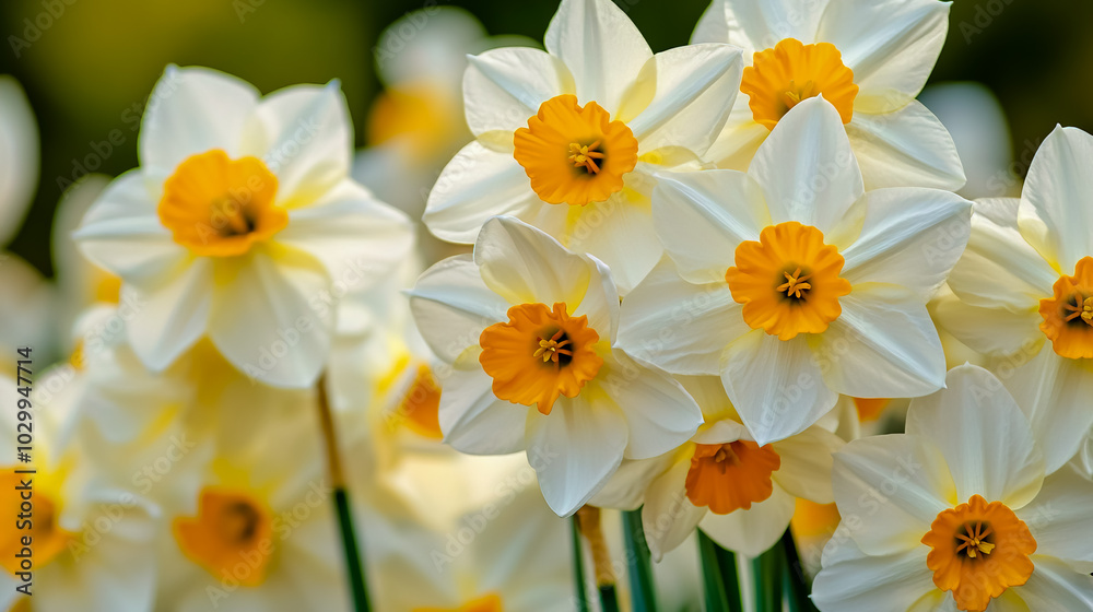 A close-up shot of white daffodils with pristine white petals and bright yellow centers, showcasing their large flower heads in full bloom. A close-up shot of white daffodils with pristine white petals and bright yellow centers, showcasing their large flower heads in full bloom.