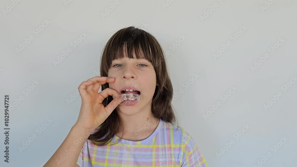 Girl child teenager holding transparent dental aligner mouth demonstrating wearing rule. Aligners and mouth guards for teeth straightening Girl child teenager holding transparent dental aligner mouth demonstrating wearing rule. Aligners and mouth guards for teeth straightening
