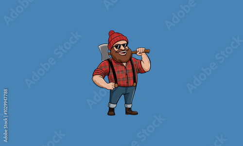 Bearded lumberjack in a red plaid shirt holding an axe.