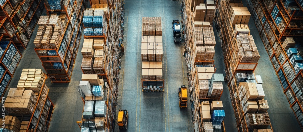 Fototapeta premium An overhead view of a warehouse with two forklifts moving boxes between aisles of shelves.