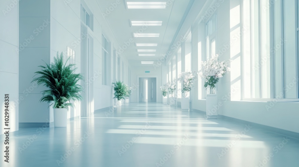 A minimalist hospital with clean white exteriors and wide hallways flooded with natural light. A minimalist hospital with clean white exteriors and wide hallways flooded with natural light.