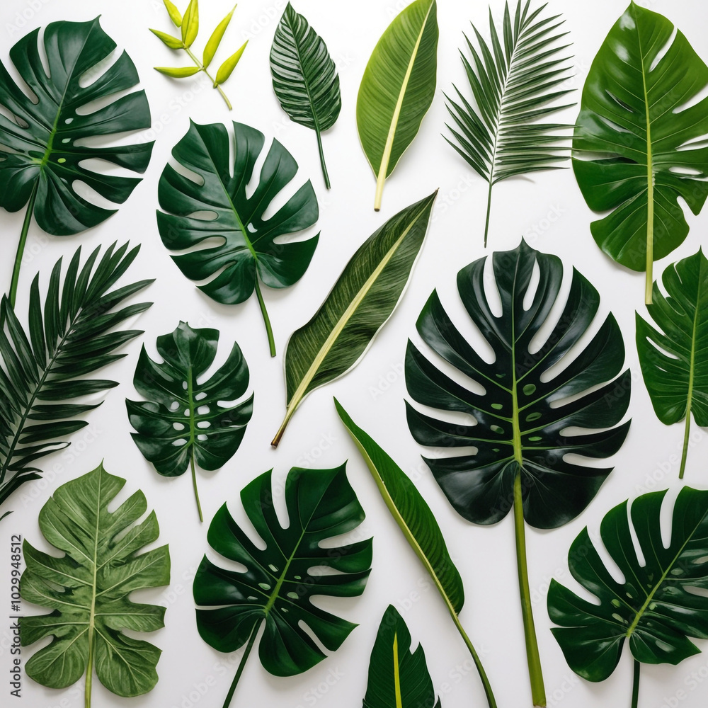 Photography of Lush Greenery Showcase of diverse green leaves, featuring large, glossy broad monstera leaves Photography of Lush Greenery Showcase of diverse green leaves, featuring large, glossy broad monstera leaves