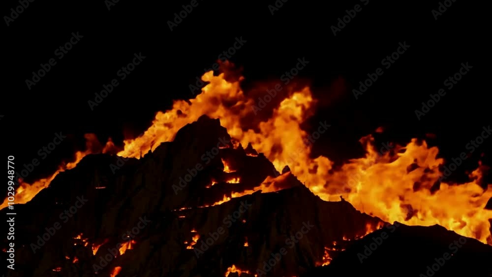 Burning mountain on black background. Slow motion. Generative AI Burning mountain on black background. Slow motion. Generative AI