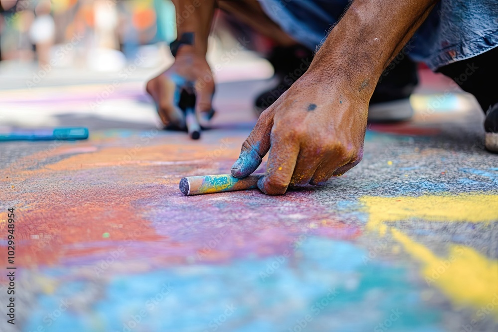 A Hand Holding a Colorful Chalk Stick on a Pavement Artwork A Hand Holding a Colorful Chalk Stick on a Pavement Artwork