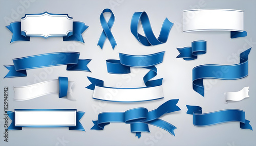 Blue satin ribbon Gift box with a bow on a white background