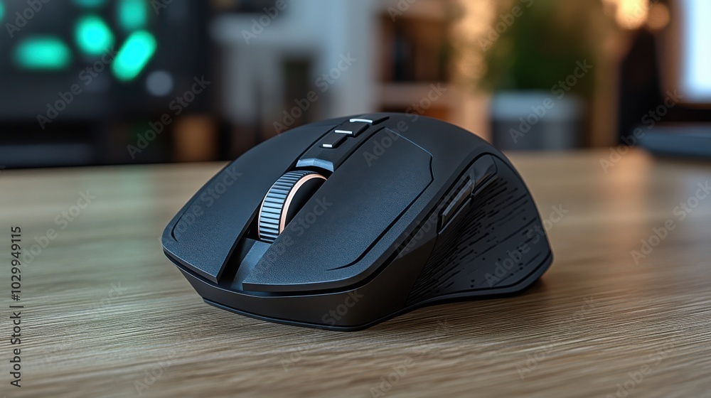 A black wireless computer mouse with a textured surface and copper scroll wheel sits on a wooden desk.