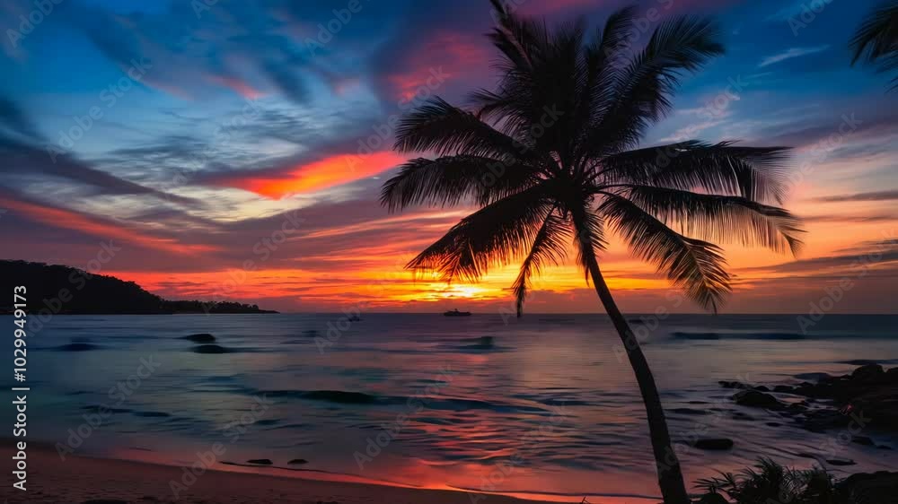 Silhouette of a palm tree on a beach at sunset with a pink and orange sky and calm water. Silhouette of a palm tree on a beach at sunset with a pink and orange sky and calm water.