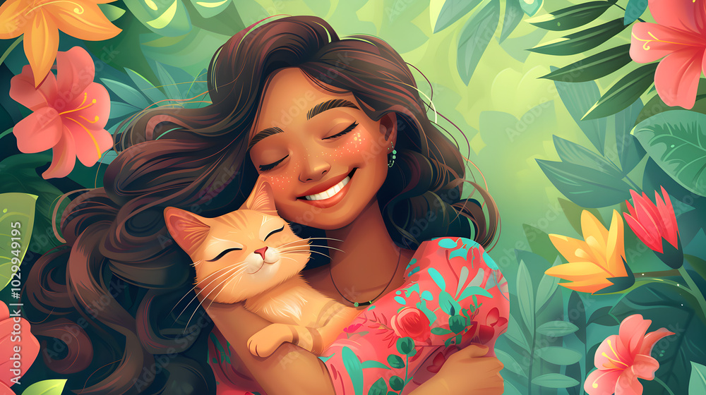 Animated illustration of a cute pink fairy cat being embraced by a happy young ethnic lady with long dark hair