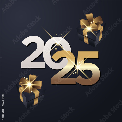 2025 new year golden on dark luxury background with gift box. Celebration New Year's Eve
