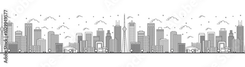 Seamless pattern with outline Toronto Canada City Skyline with Modern Buildings Isolated on White. Toronto Cityscape with Landmarks.