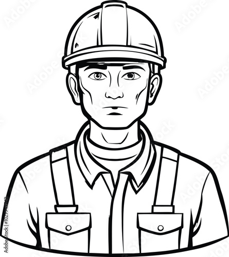 Continuous Line Art construction worker, Minimalist Black Linear Sketch isolated on white background.