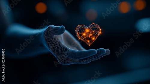 Futuristic Wireframe Hand Presenting a Glowing Heart in Digital Space, Symbolizing Care and Innovation photo