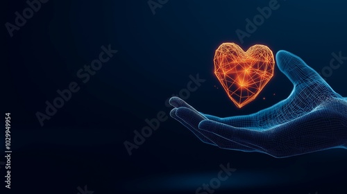 Futuristic Wireframe Hand Holding a Glowing Digital Heart Symbolizing Technology and Love photo