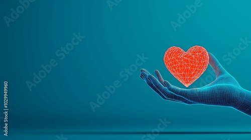 Glowing Digital Heart Hovering Above Futuristic Wireframe Hand on Dark Background photo