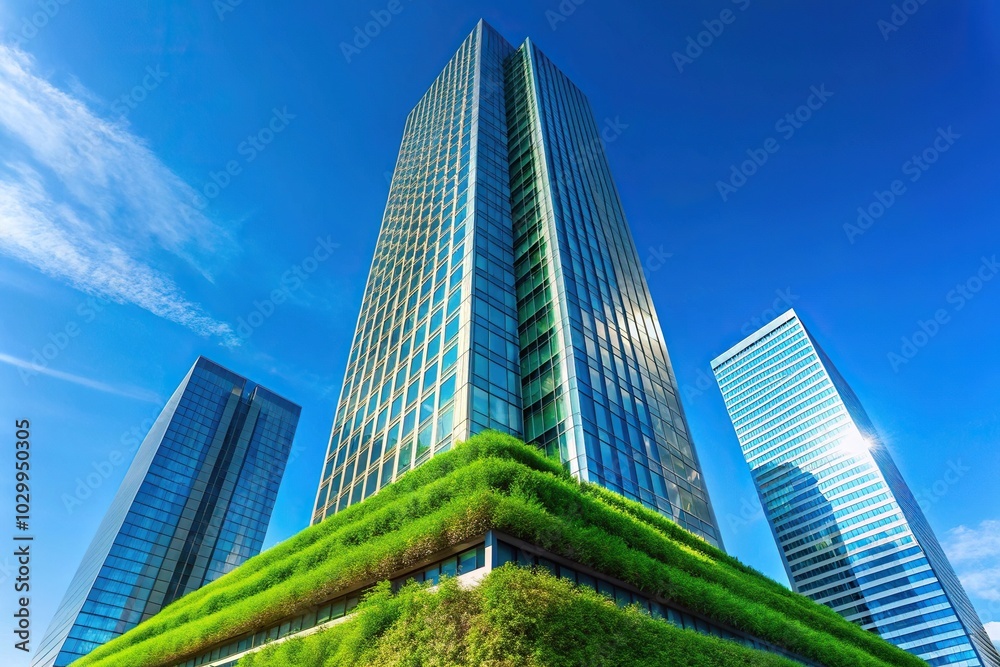 Obraz premium Skyscraper with green roof against sky background