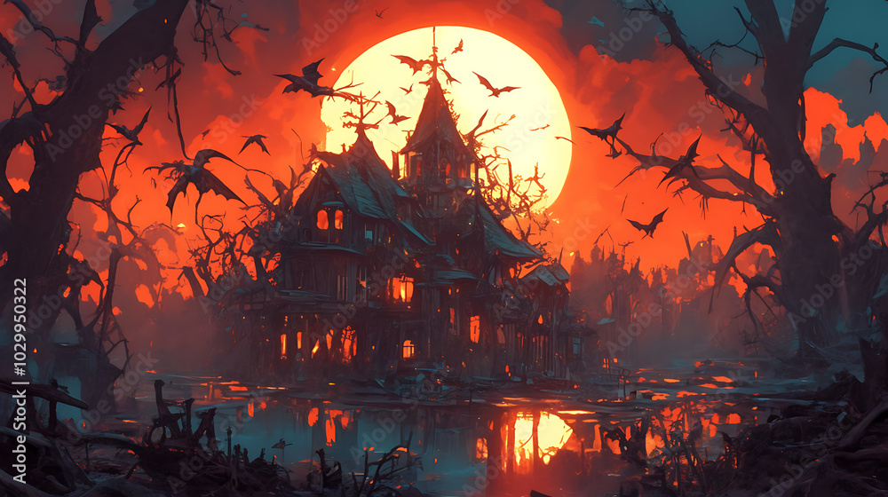 Illustration of a creepy vampire house on a moonlit night