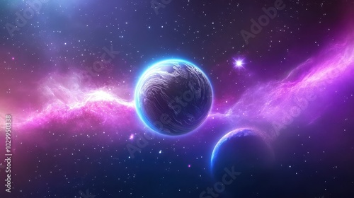 Mysterious galaxy background with a distant planet, star clusters, and glowing nebula clouds in deep space.