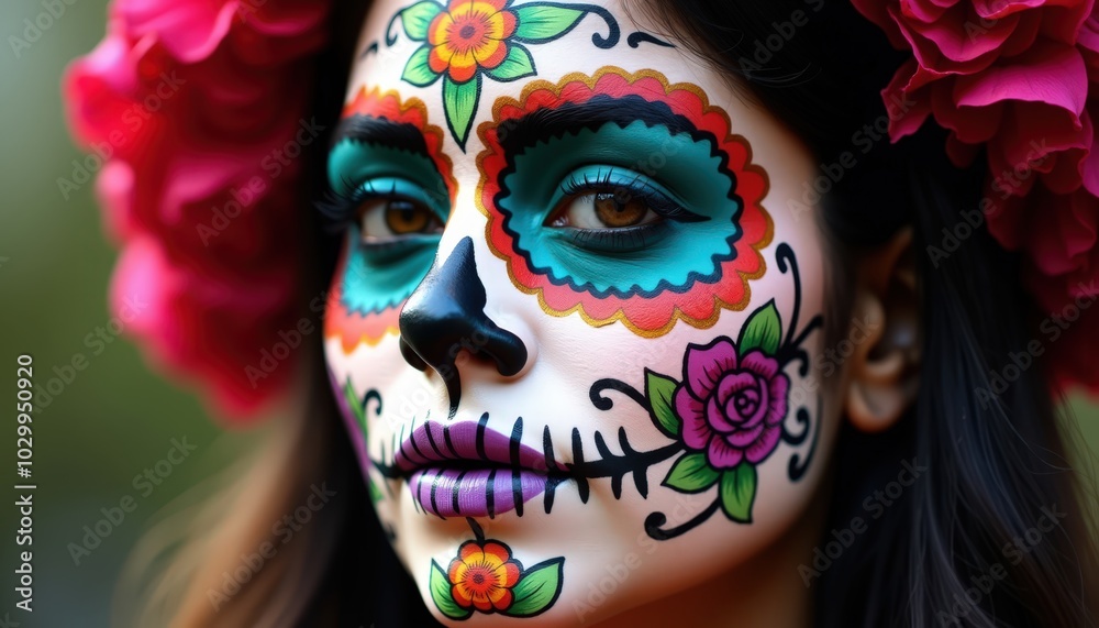A vibrant face painted for Día de los Muertos, showcasing colorful floral designs and a skull motif, adorned with striking flowers in the hair. A vibrant face painted for Día de los Muertos, showcasing colorful floral designs and a skull motif, adorned with striking flowers in the hair.