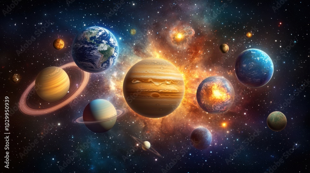 Naklejka premium Multiple planets orbiting in a distant solar system, surrounded by vibrant nebulae and stars