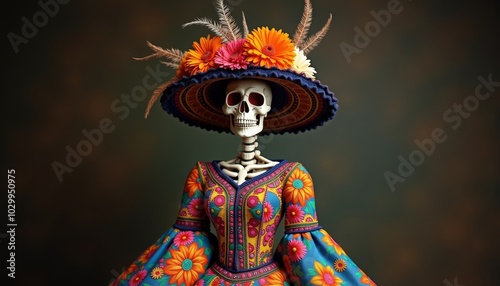 A colorful skeleton in a traditional dress and large hat adorned with flowers, representing cultural themes and festivities.