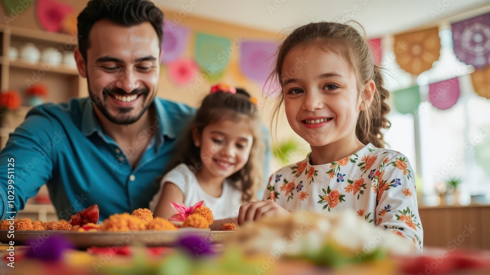 A joyful scene of a dad and his two daughters creating festive decorations, showcasing family bonding and celebration. A joyful scene of a dad and his two daughters creating festive decorations, showcasing family bonding and celebration.