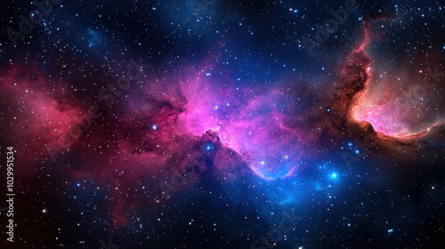 A nebula glowing with intense pink and blue tones, surrounded by distant stars