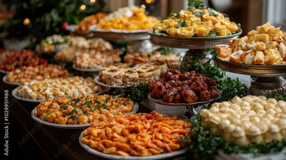 A buffet table filled with a variety of delicious appetizers and desserts. A buffet table filled with a variety of delicious appetizers and desserts.