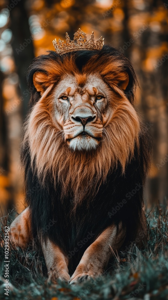 Majestic Lion Wearing a Crown, Symbol of Regal Power and Strength, High Quality Photo Generative AI Majestic Lion Wearing a Crown, Symbol of Regal Power and Strength, High Quality Photo Generative AI