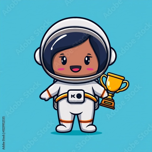 Cute Astronaut Holding Trophies Cartoon Vector