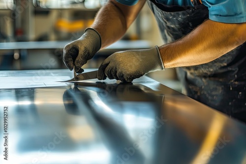 A worker in gloves cuts a piece of metal with a utility knife