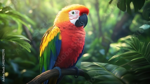 A vibrant scarlet macaw parrot perched on a branch in a lush tropical rainforest setting, with sunlight filtering through the foliage.