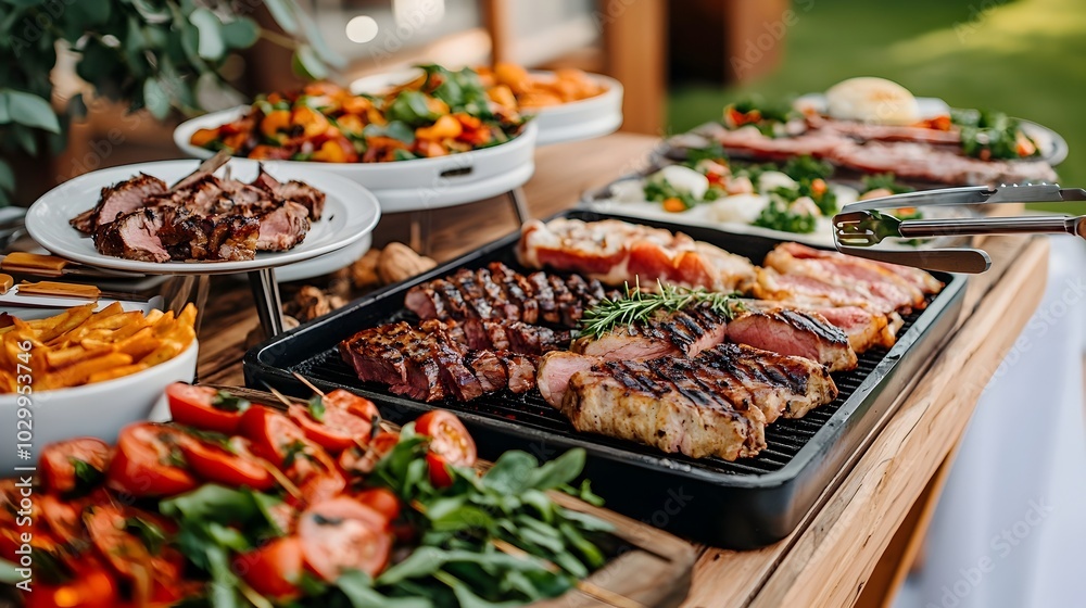 Obraz premium Luxurious gourmet buffet spread showcasing perfectly grilled meats and other exquisite culinary creations surrounded by warm lighting and upscale decor