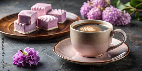 Still life of cup of coffee, lilac marshmallow in dark and white chocolate glaze on plate, and cezve with forced perspective photo