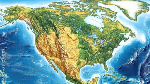 A physical map of North America, including the USA, Canada, and Mexico, presents a high-resolution detailed view of the continent’s topography.