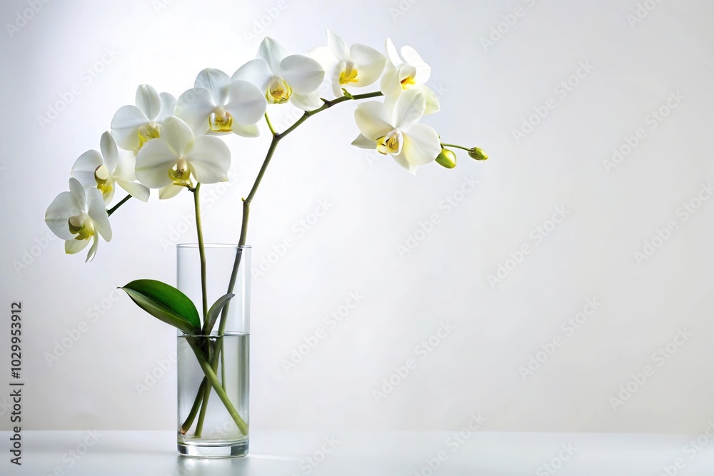 Still life of long shot white orchid in vase on white background Still life of long shot white orchid in vase on white background